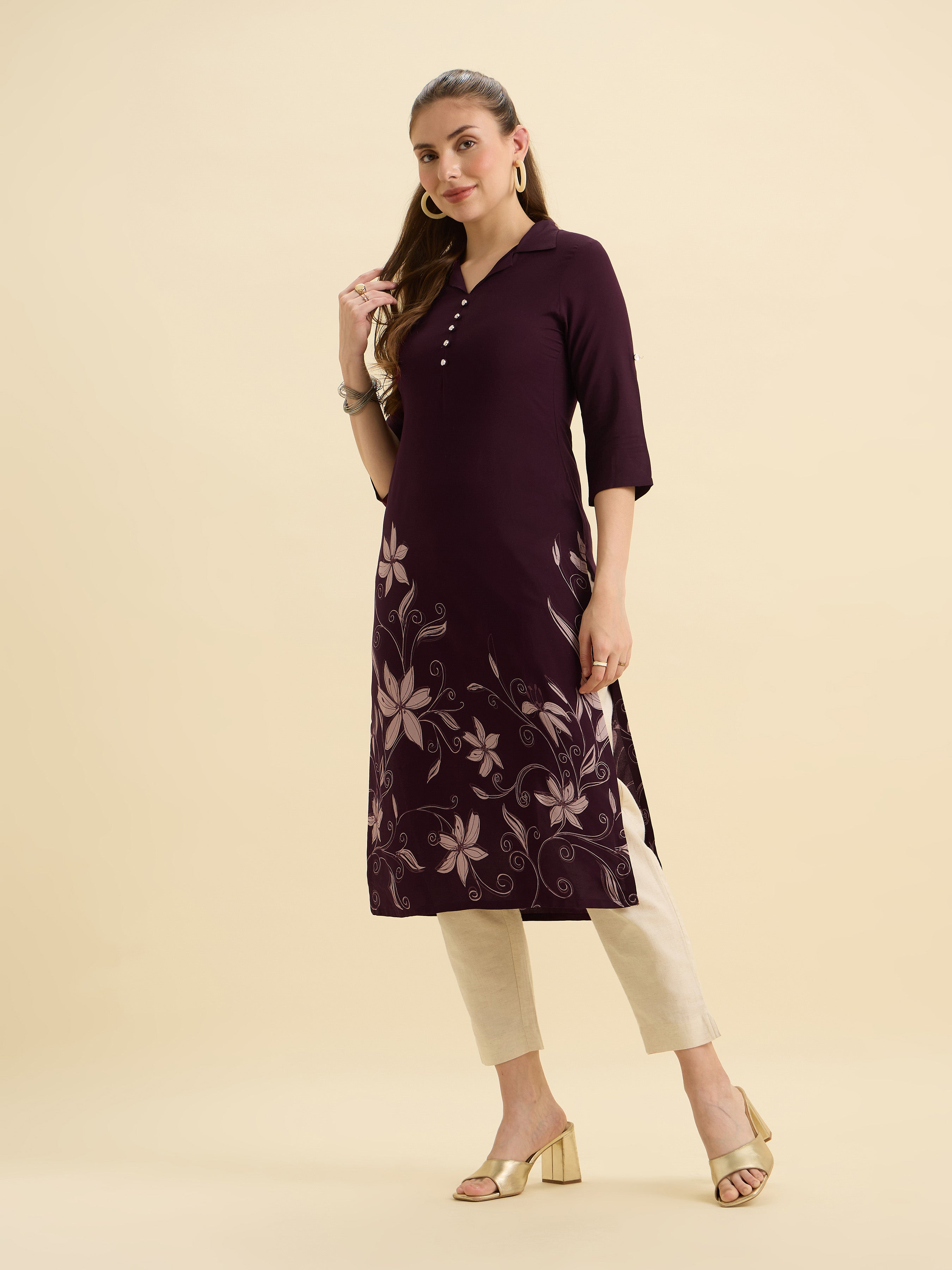 Wine Ivory Viscose Printed Flared Kurti