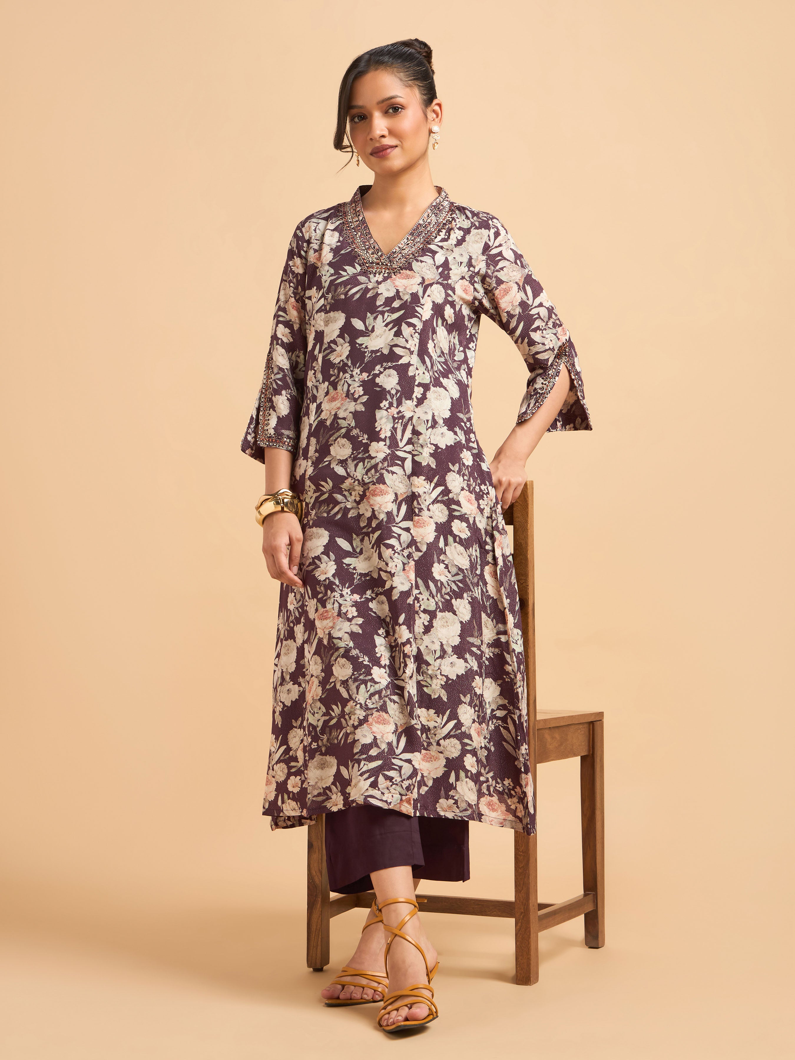 Wine Multi Viscose Shimmer Printed Kurti Set With Sequins Embroidery
