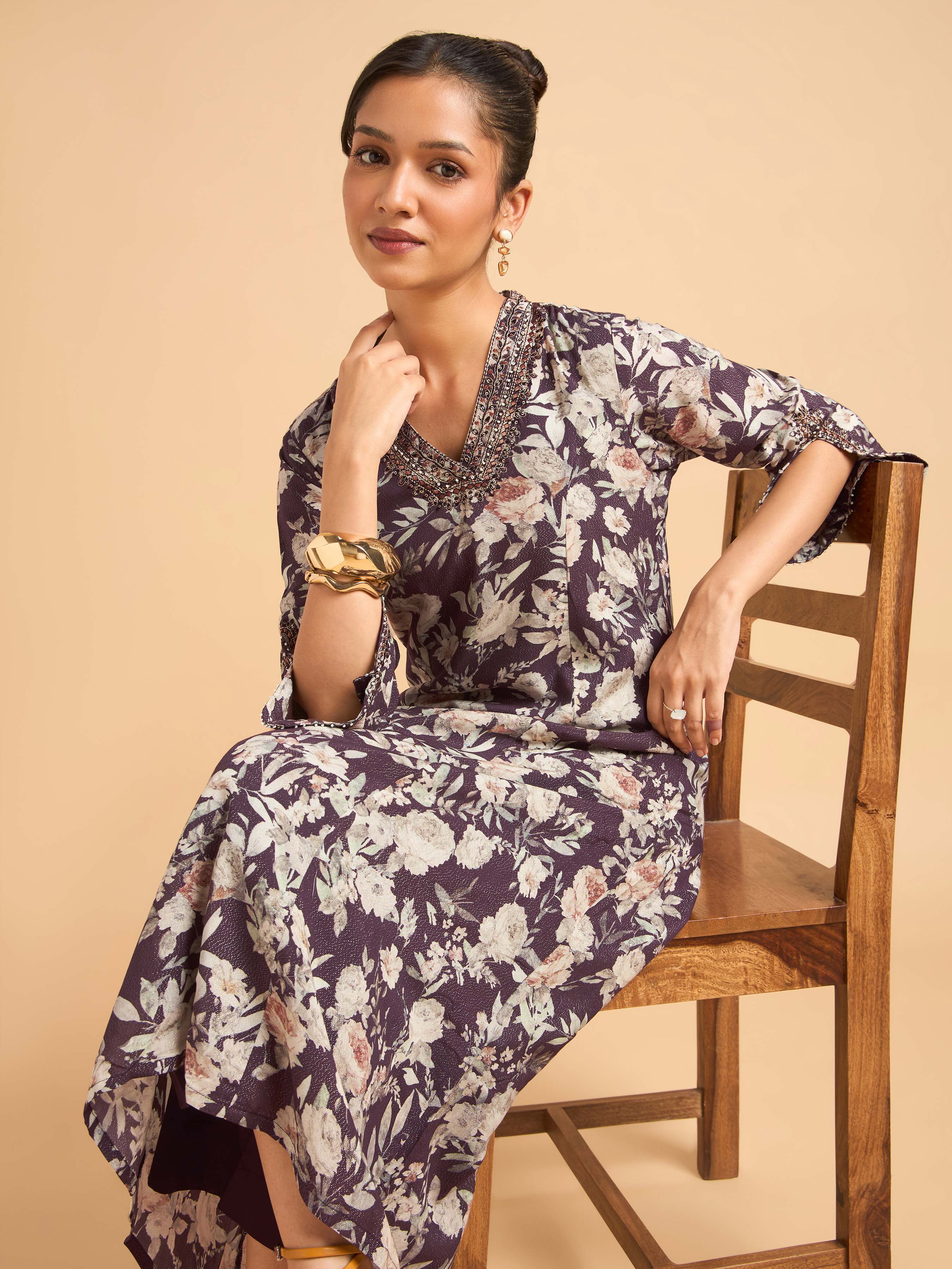 Wine Multi Viscose Shimmer Printed Kurti Set With Sequins Embroidery