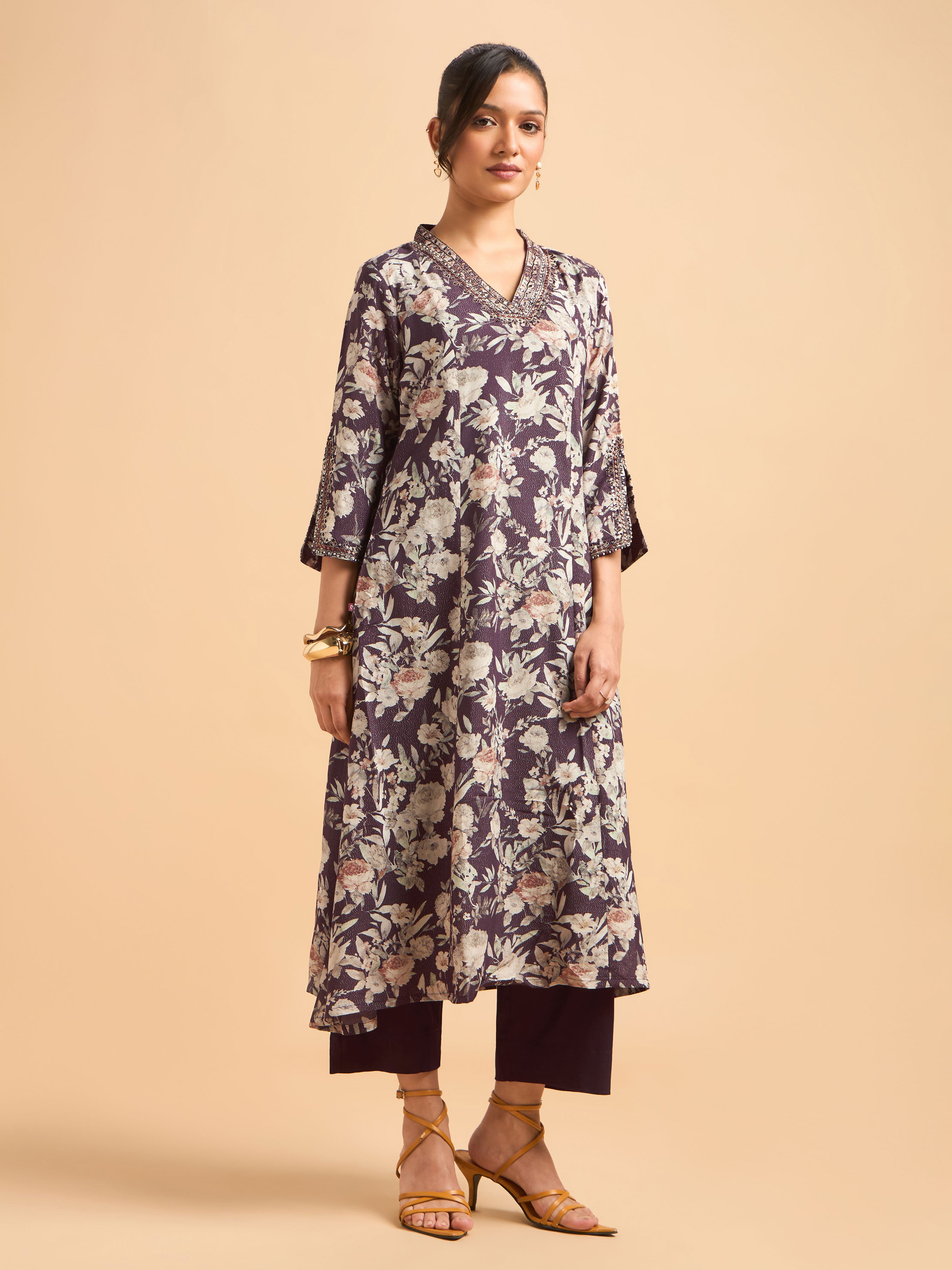 Wine Multi Viscose Shimmer Printed Kurti Set With Sequins Embroidery