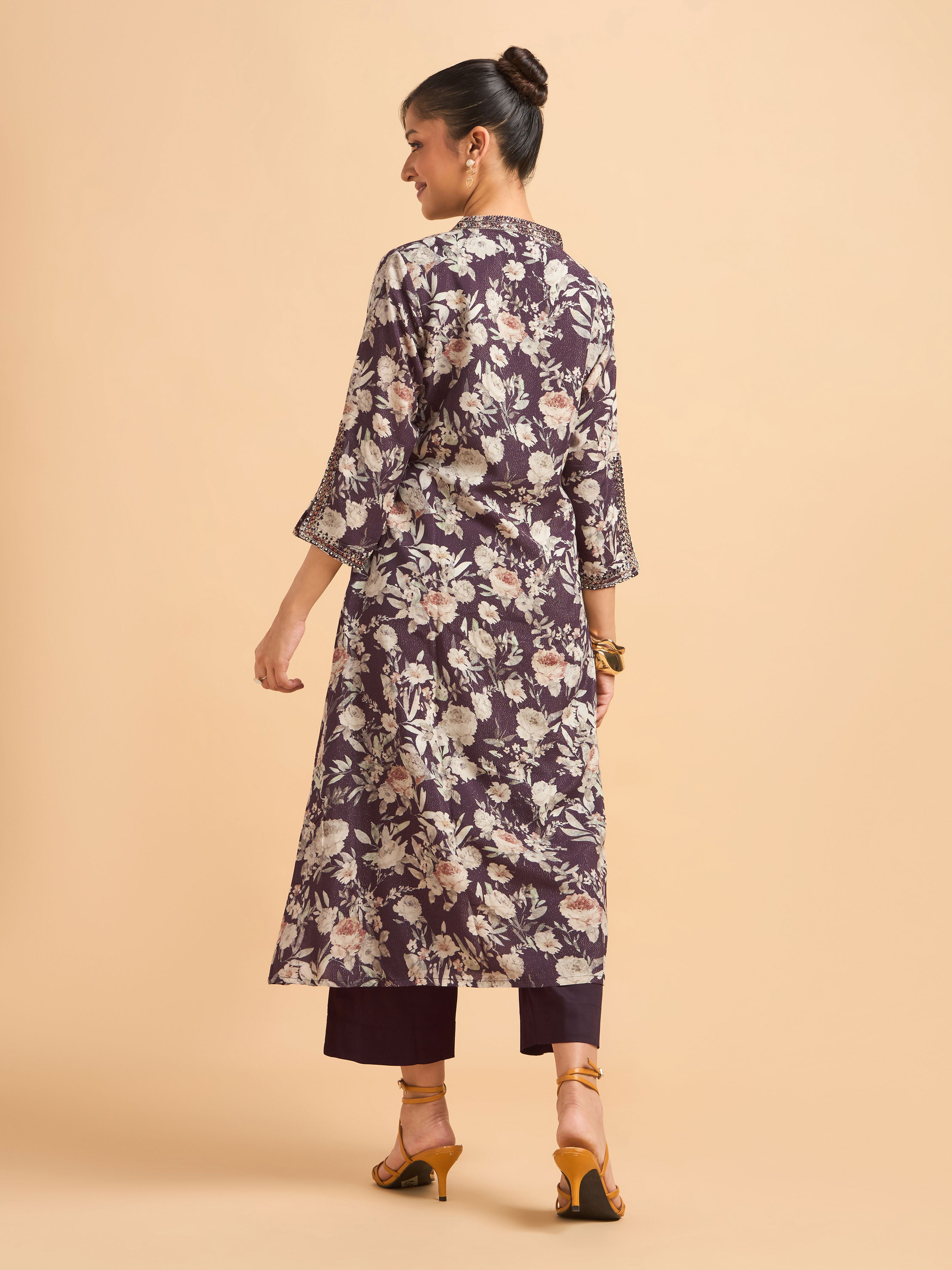 Wine Multi Viscose Shimmer Printed Kurti Set With Sequins Embroidery