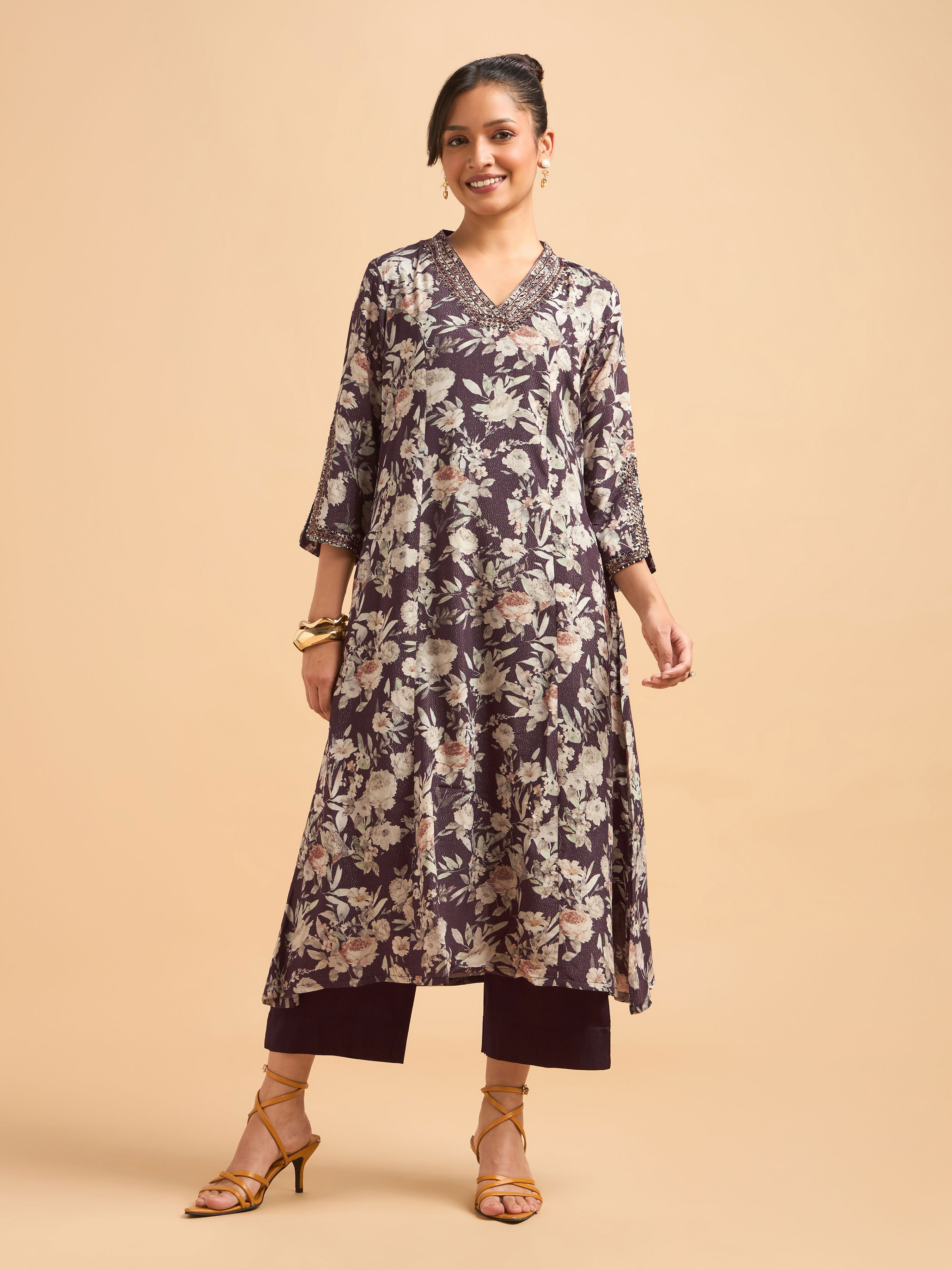 Wine Multi Viscose Shimmer Printed Kurti Set With Sequins Embroidery