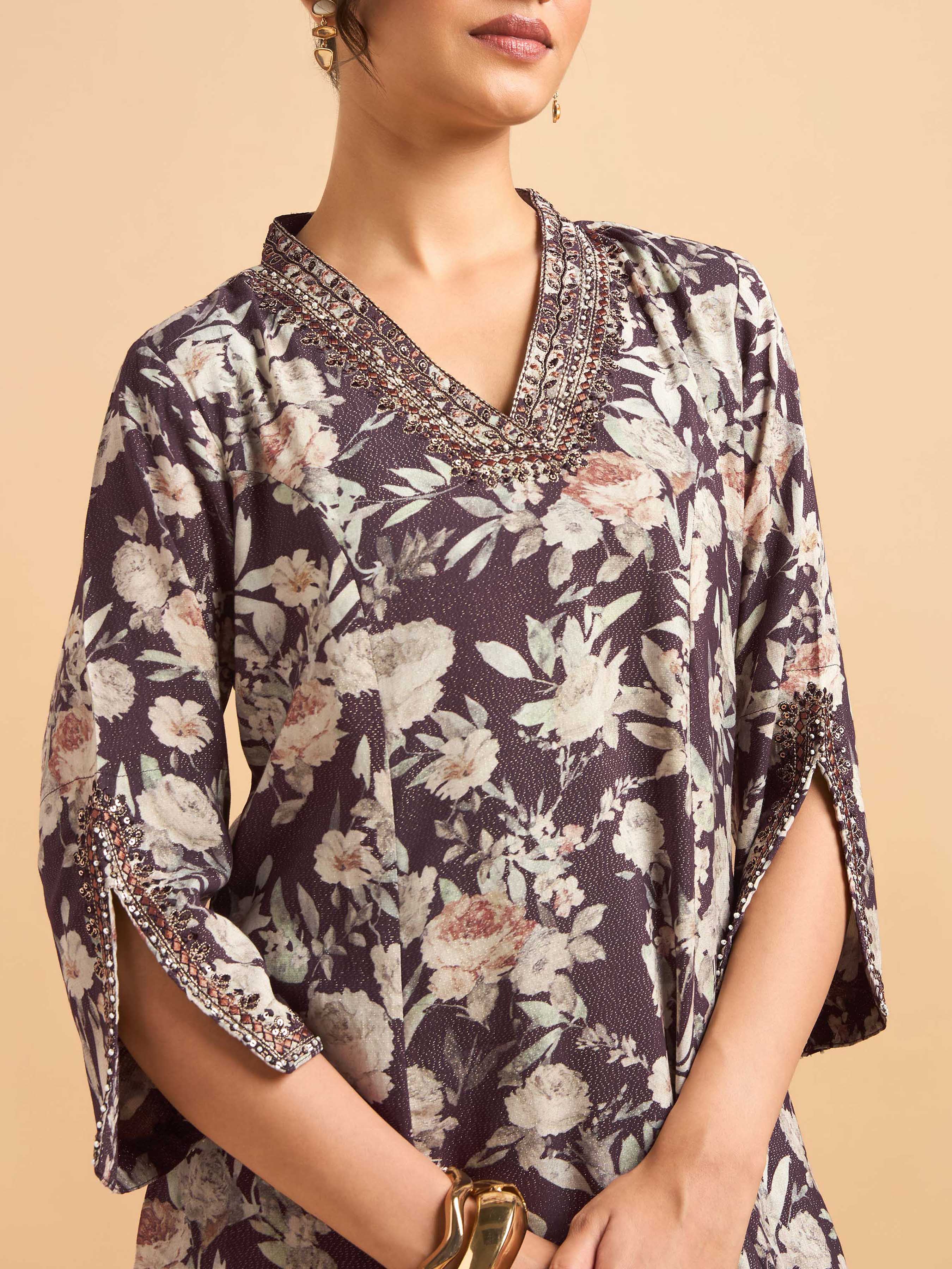 Wine Multi Viscose Shimmer Printed Kurti Set With Sequins Embroidery