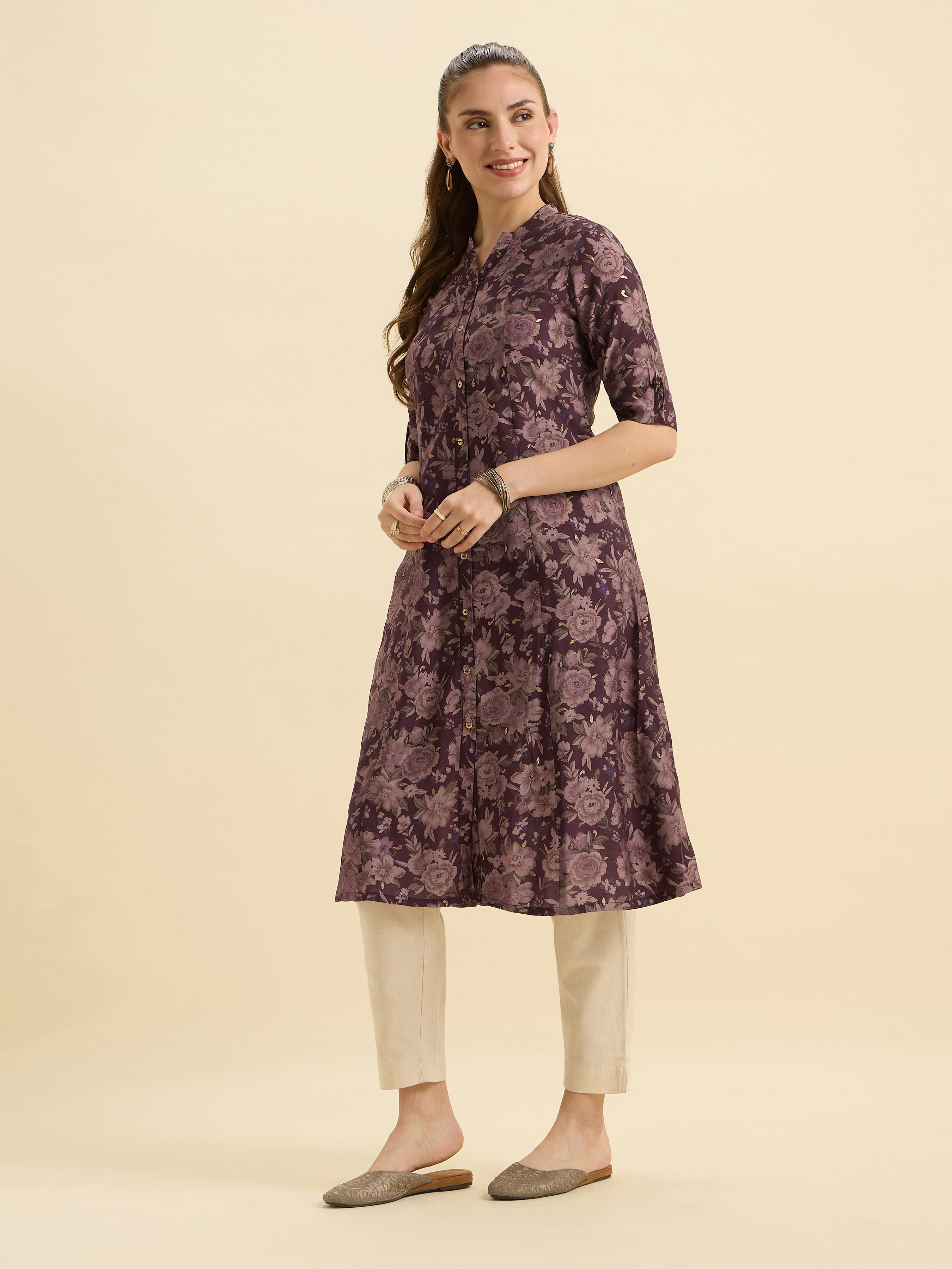 Wine Red Viscose Blend Printed Flared Kurti With Princess Cut