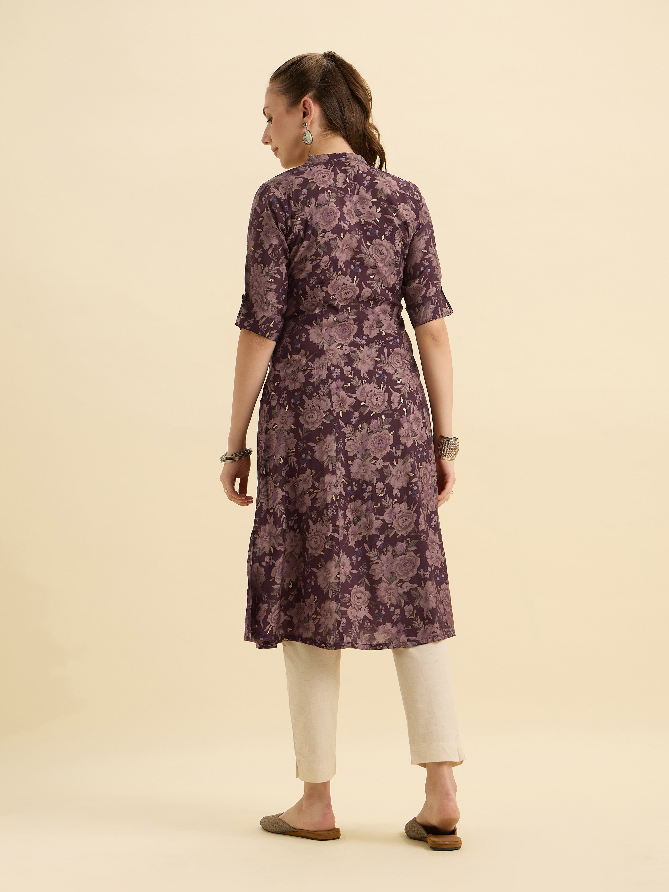 Wine Red Viscose Blend Printed Flared Kurti With Princess Cut