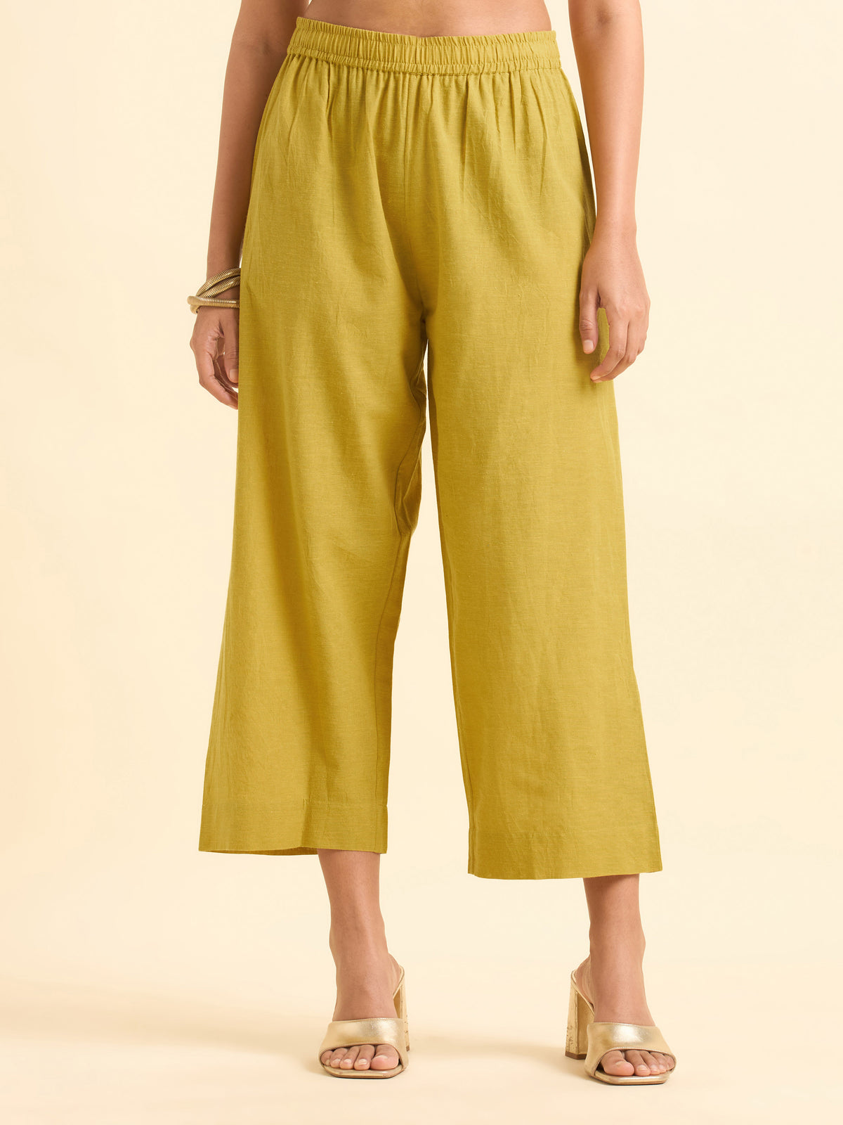 Yellow Cotton Flax Plain Relaxed  Fit Kurti Set