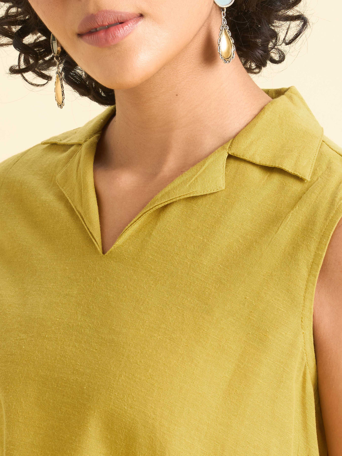 Yellow Cotton Flax Plain Relaxed  Fit Kurti Set