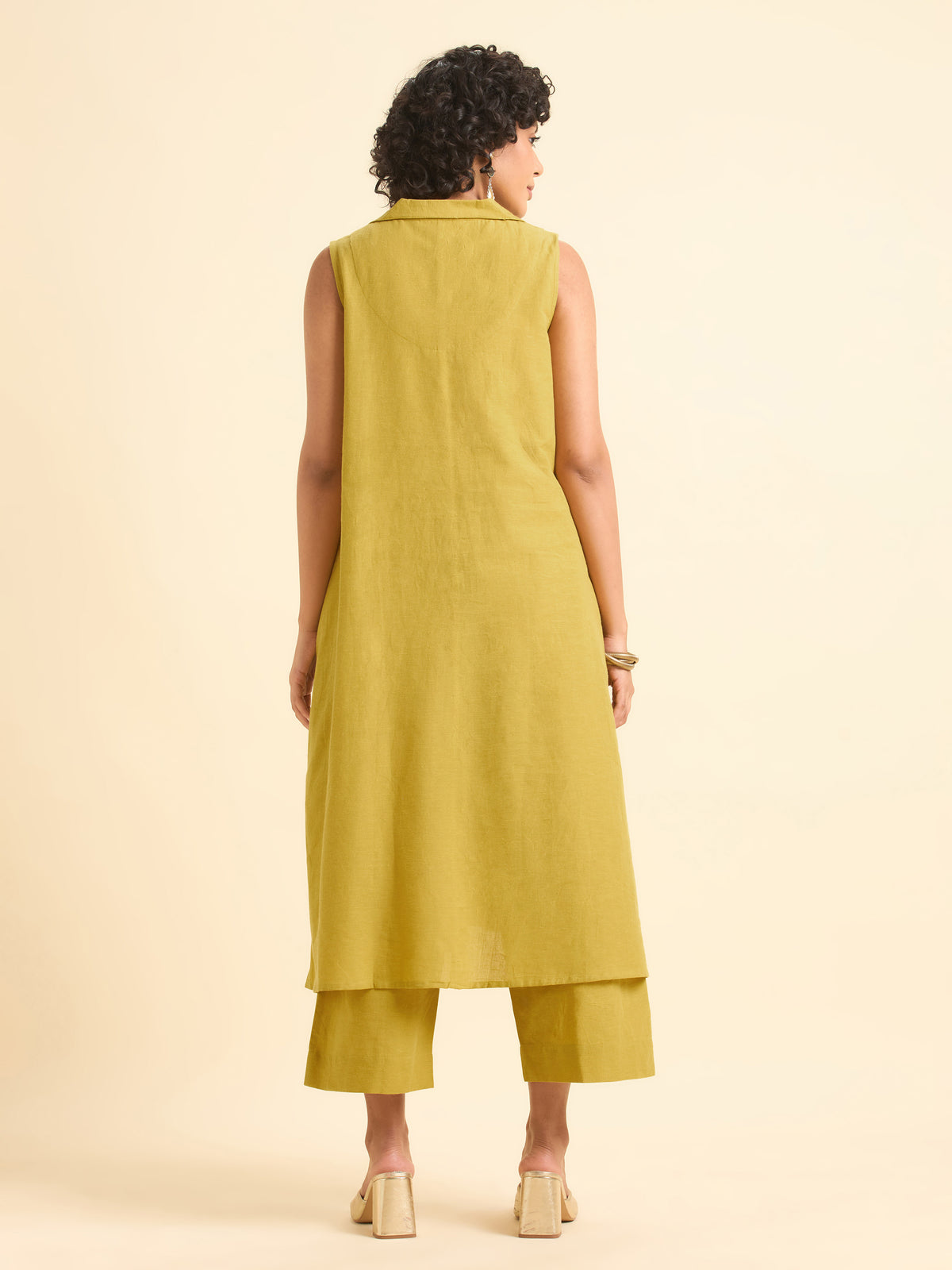 Yellow Cotton Flax Plain Relaxed  Fit Kurti Set