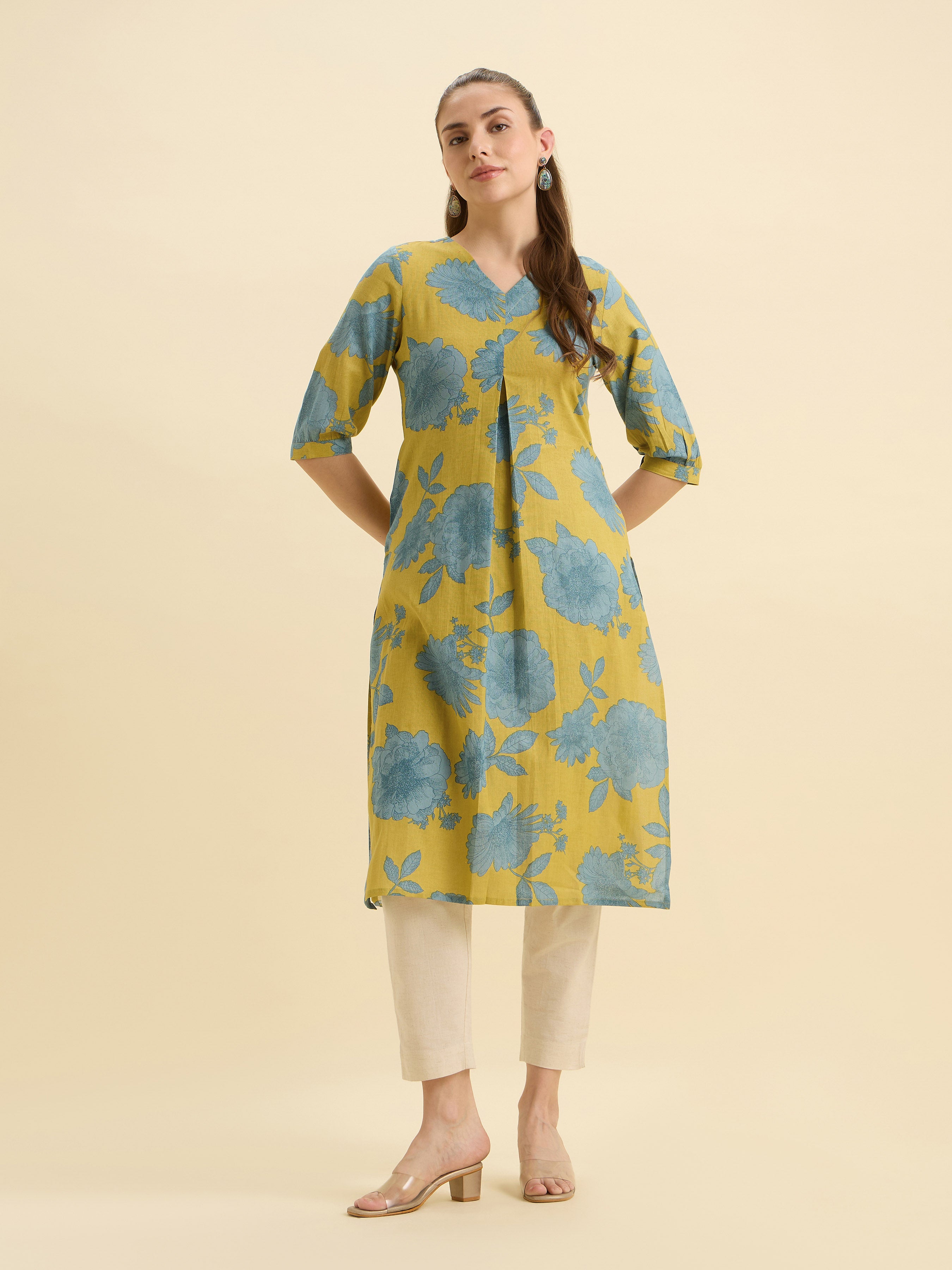 Yellow Blue Cotton Flax Printed Slited Kurti With Box Pleat