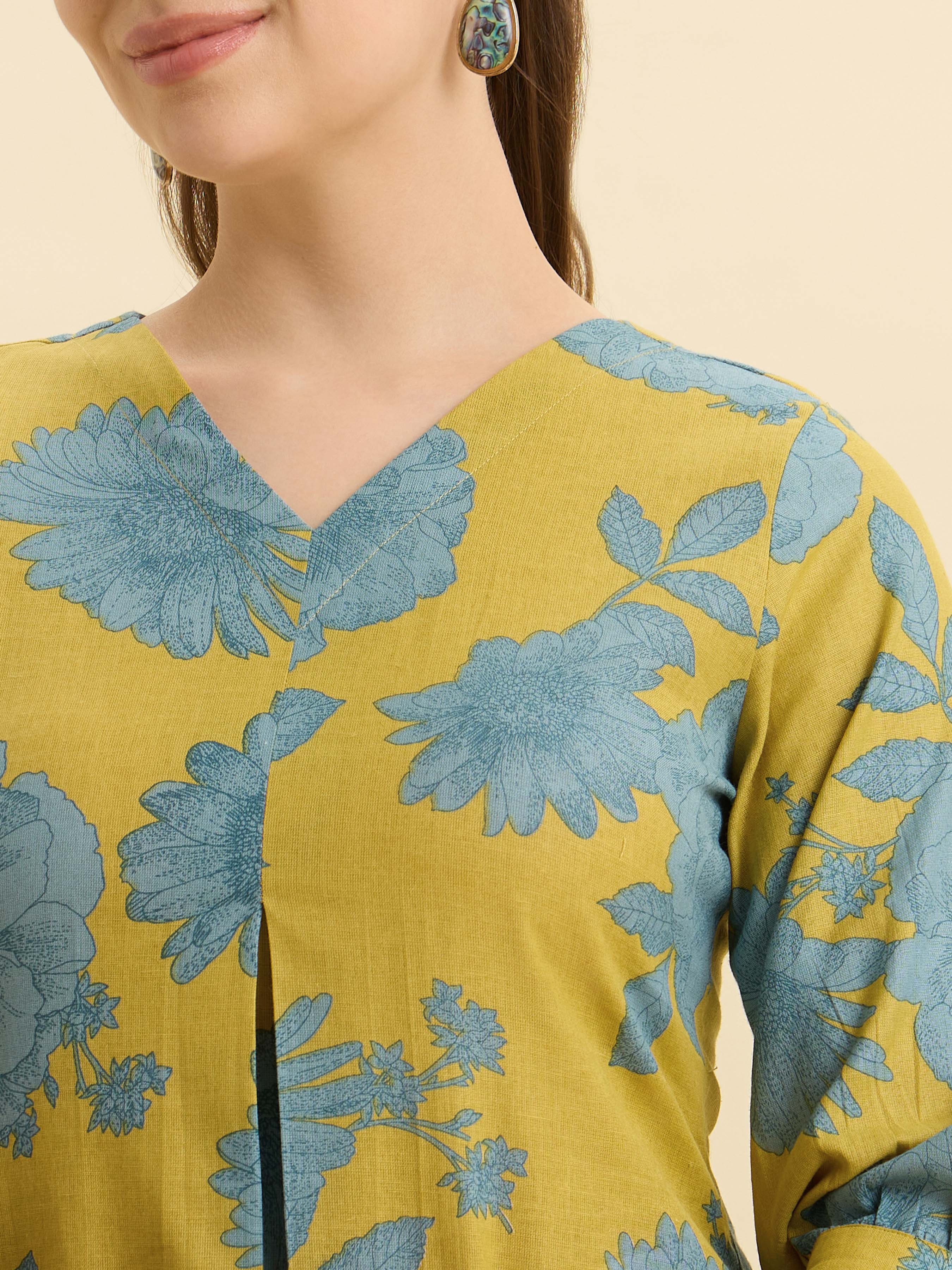 Yellow Blue Cotton Flax Printed Slited Kurti With Box Pleat