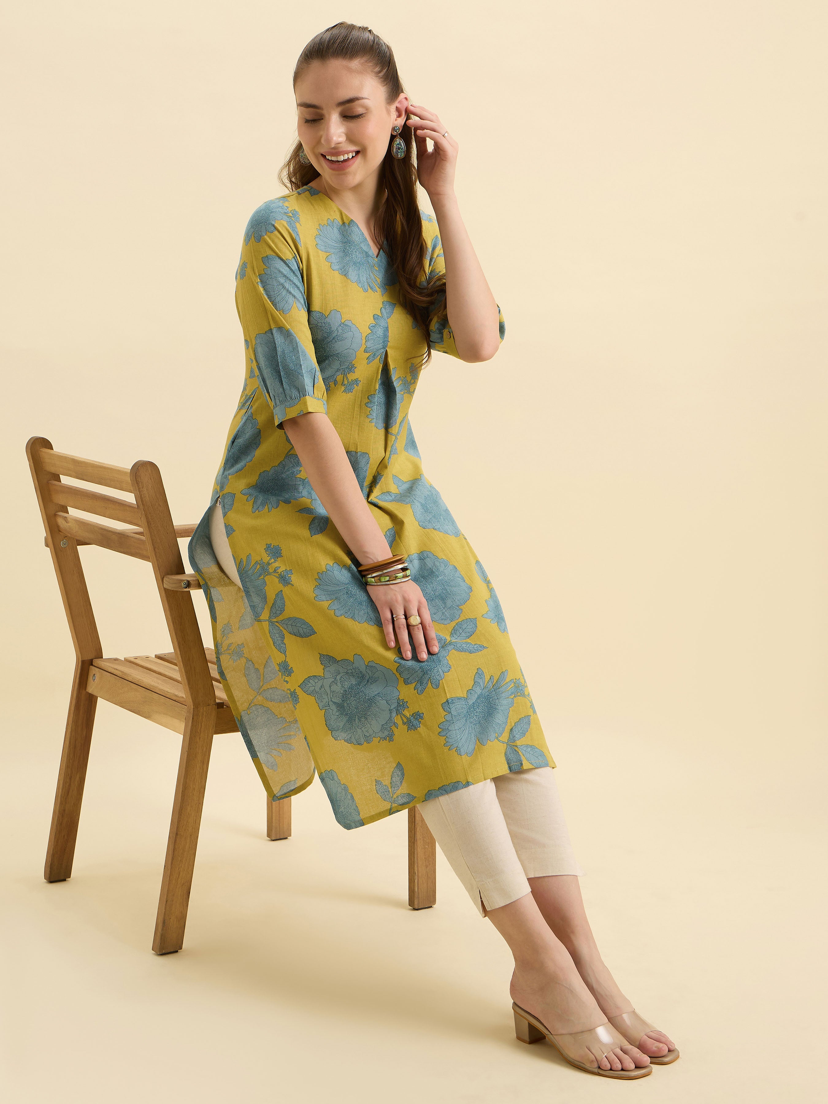 Yellow Blue Cotton Flax Printed Slited Kurti With Box Pleat