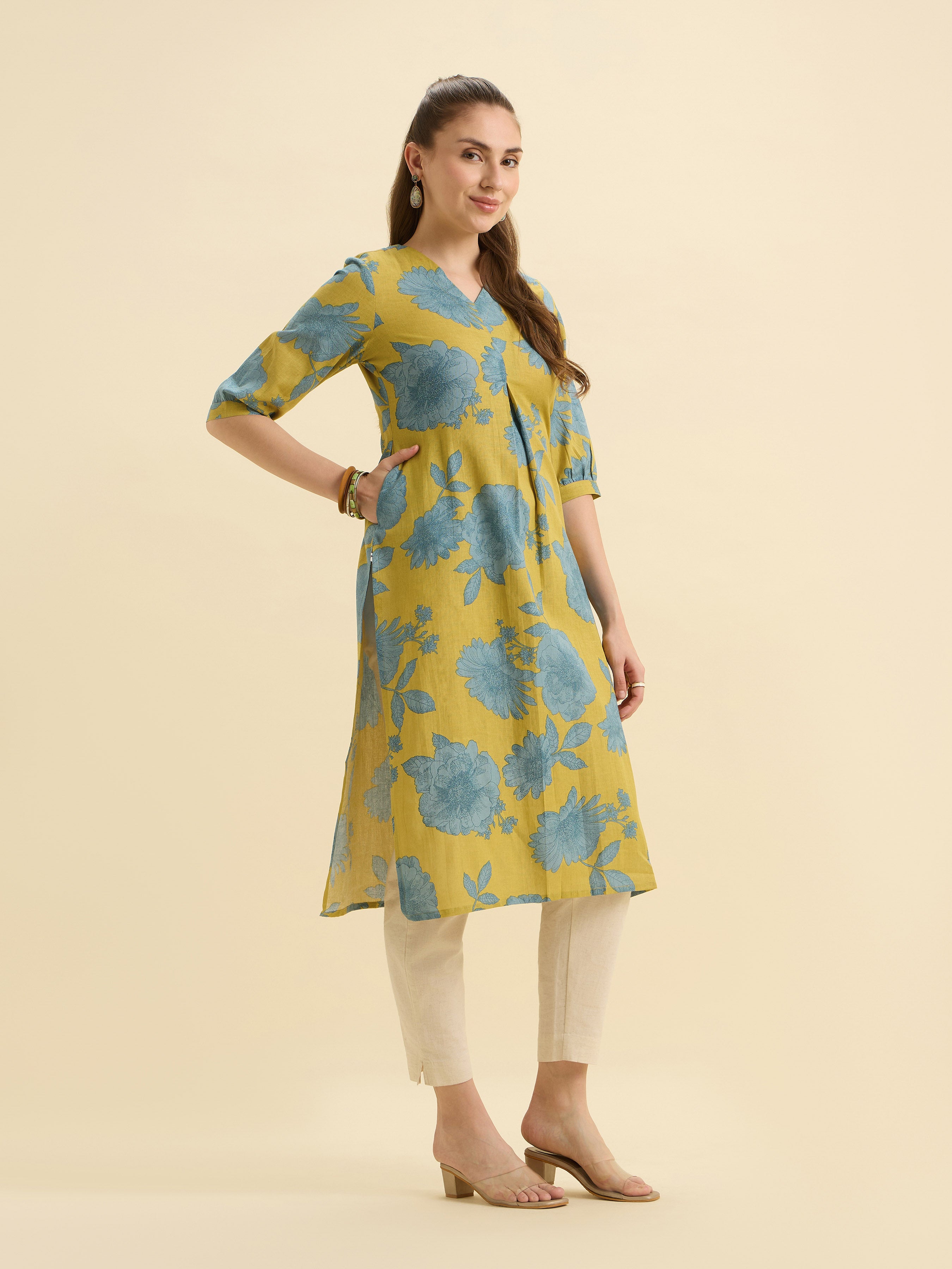 Yellow Blue Cotton Flax Printed Slited Kurti With Box Pleat