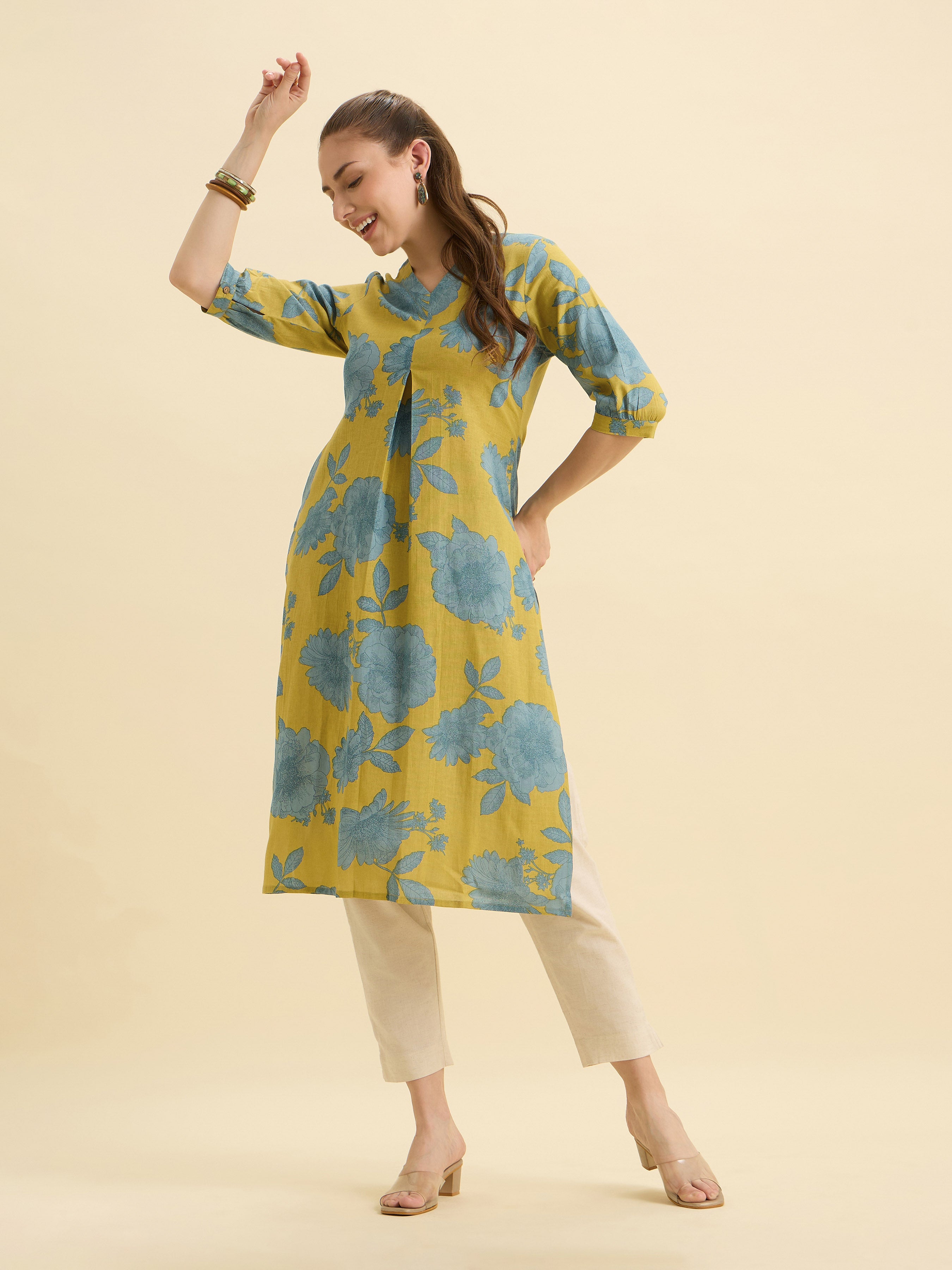 Yellow Blue Cotton Flax Printed Slited Kurti With Box Pleat
