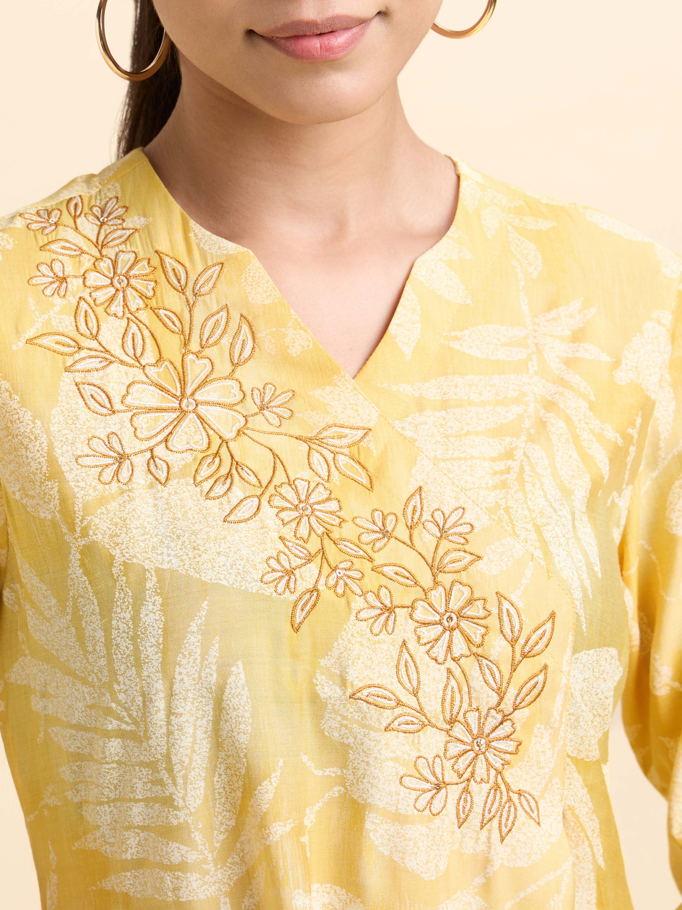Yellow Ivory Modal Chanderi Printed Slitted Kurti With Embroidery And Sequins Work