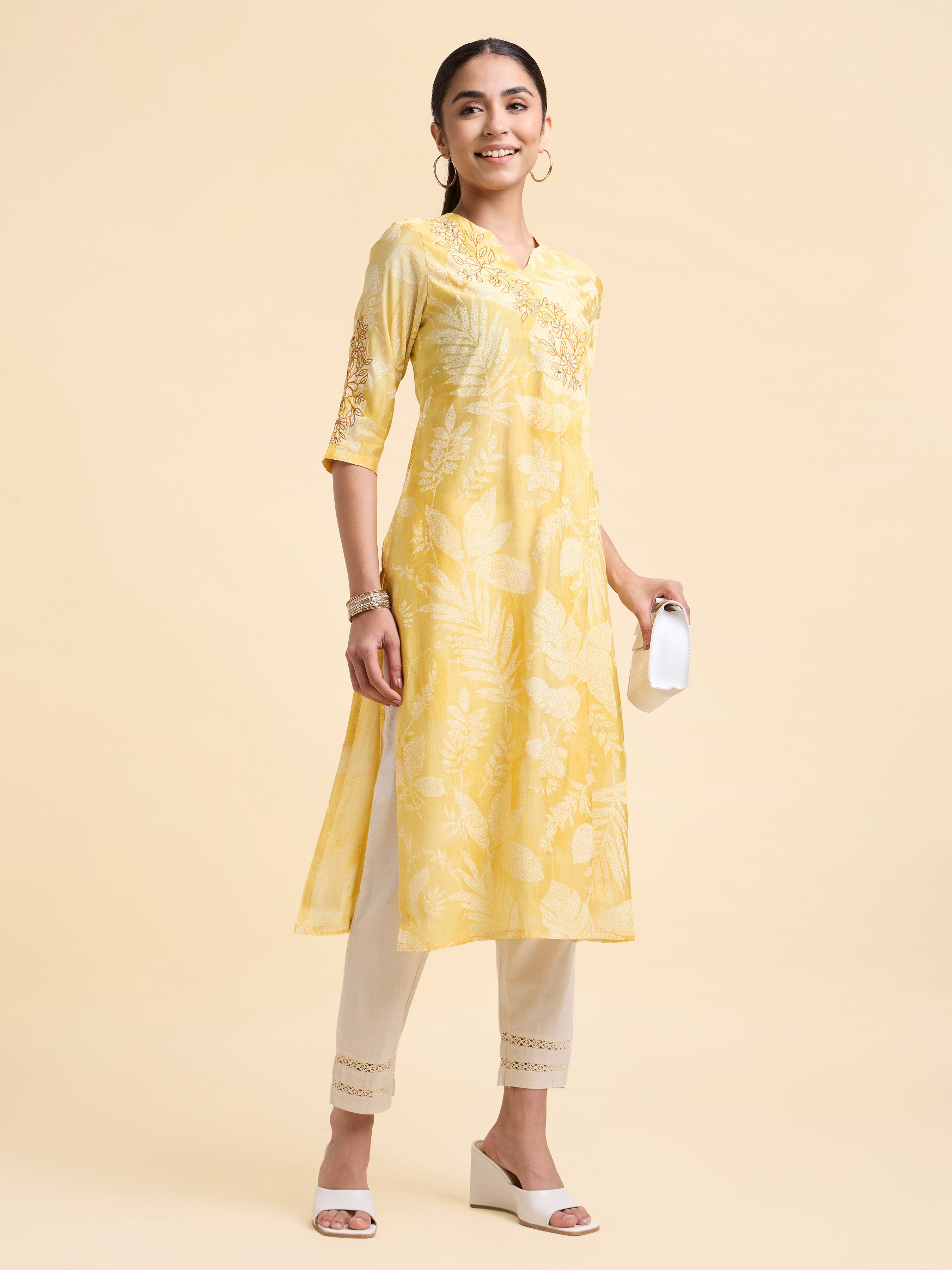 Yellow Ivory Modal Chanderi Printed Slitted Kurti With Embroidery And Sequins Work