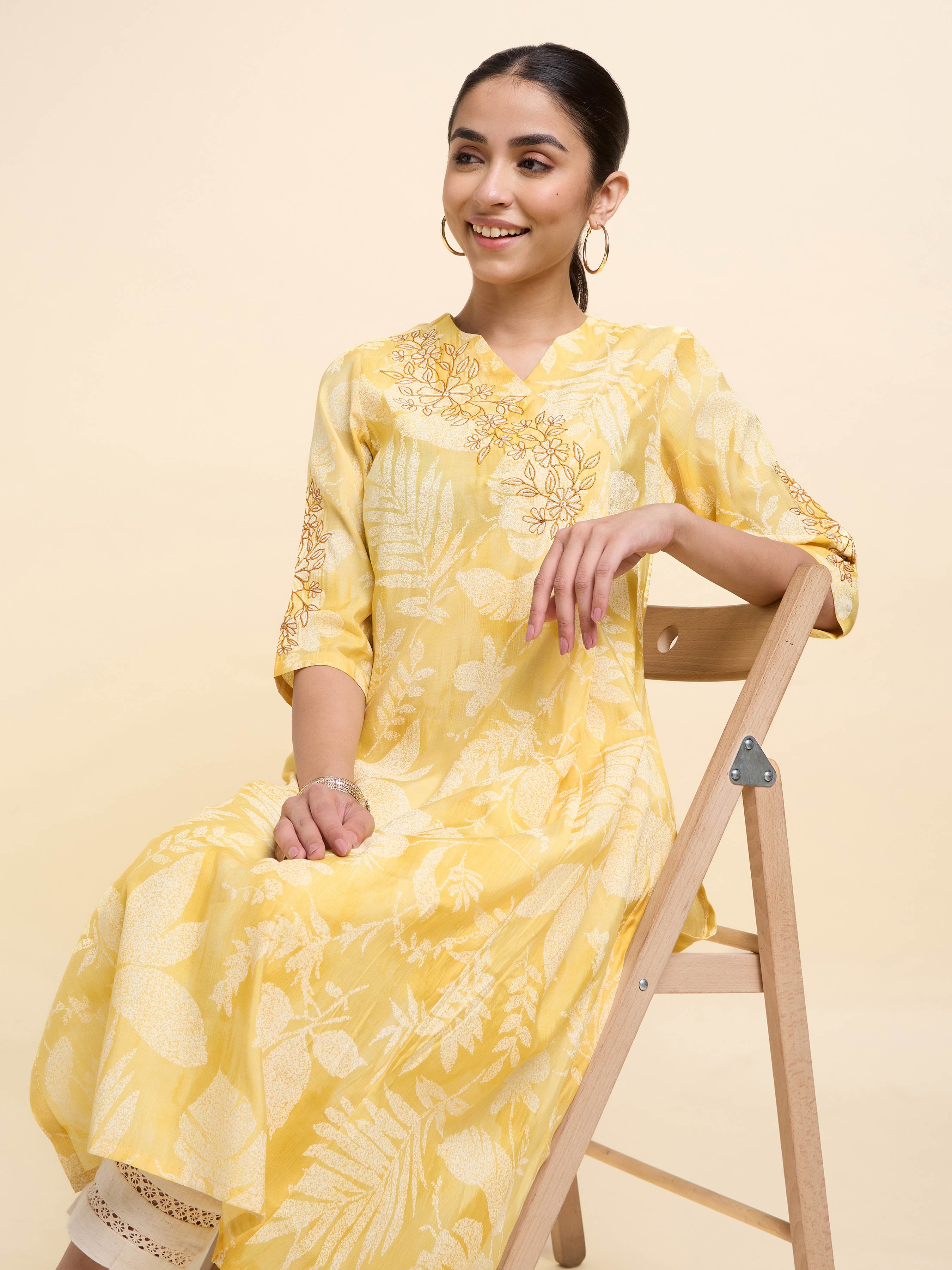 Yellow Ivory Modal Chanderi Printed Slitted Kurti With Embroidery And Sequins Work