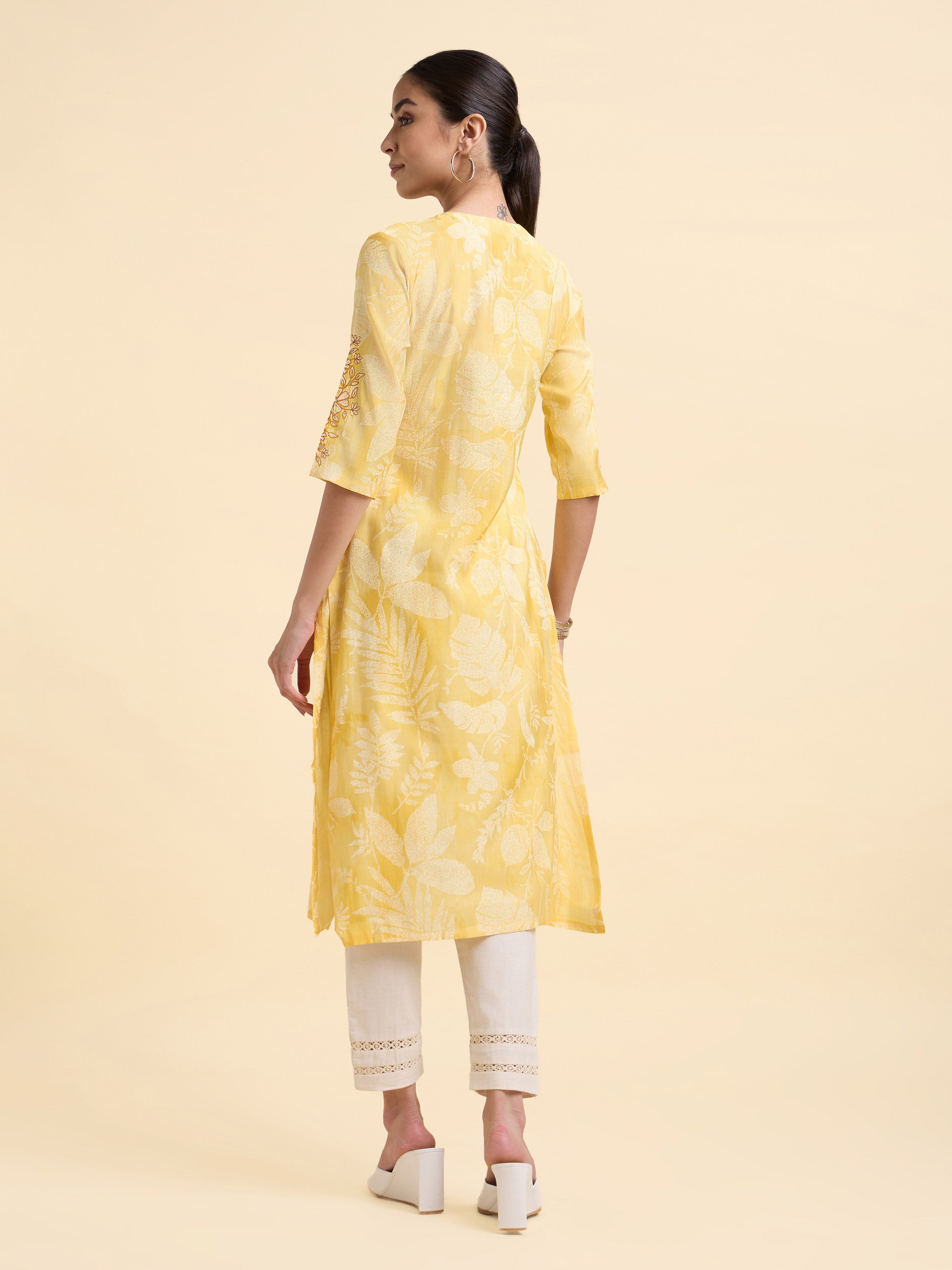 Yellow Ivory Modal Chanderi Printed Slitted Kurti With Embroidery And Sequins Work