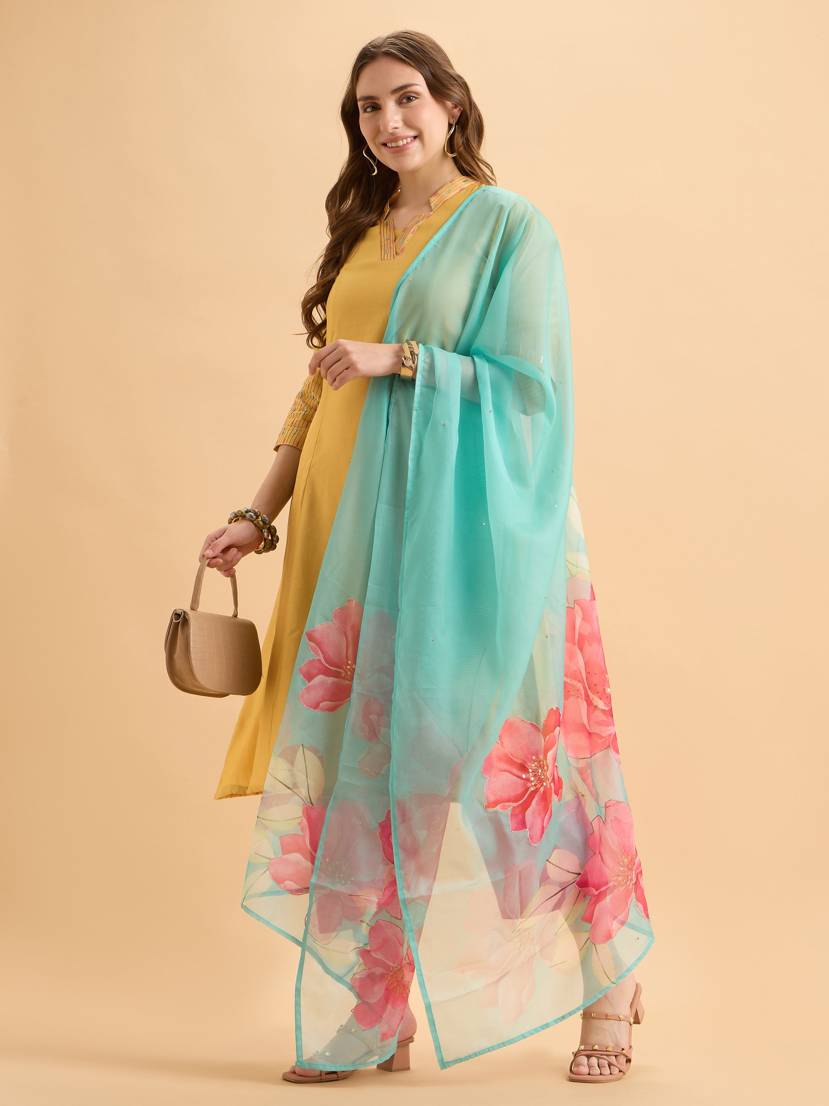 Yellow Viscose Blend Kurti Set With Sequins Work Styled With Printed Dupatta