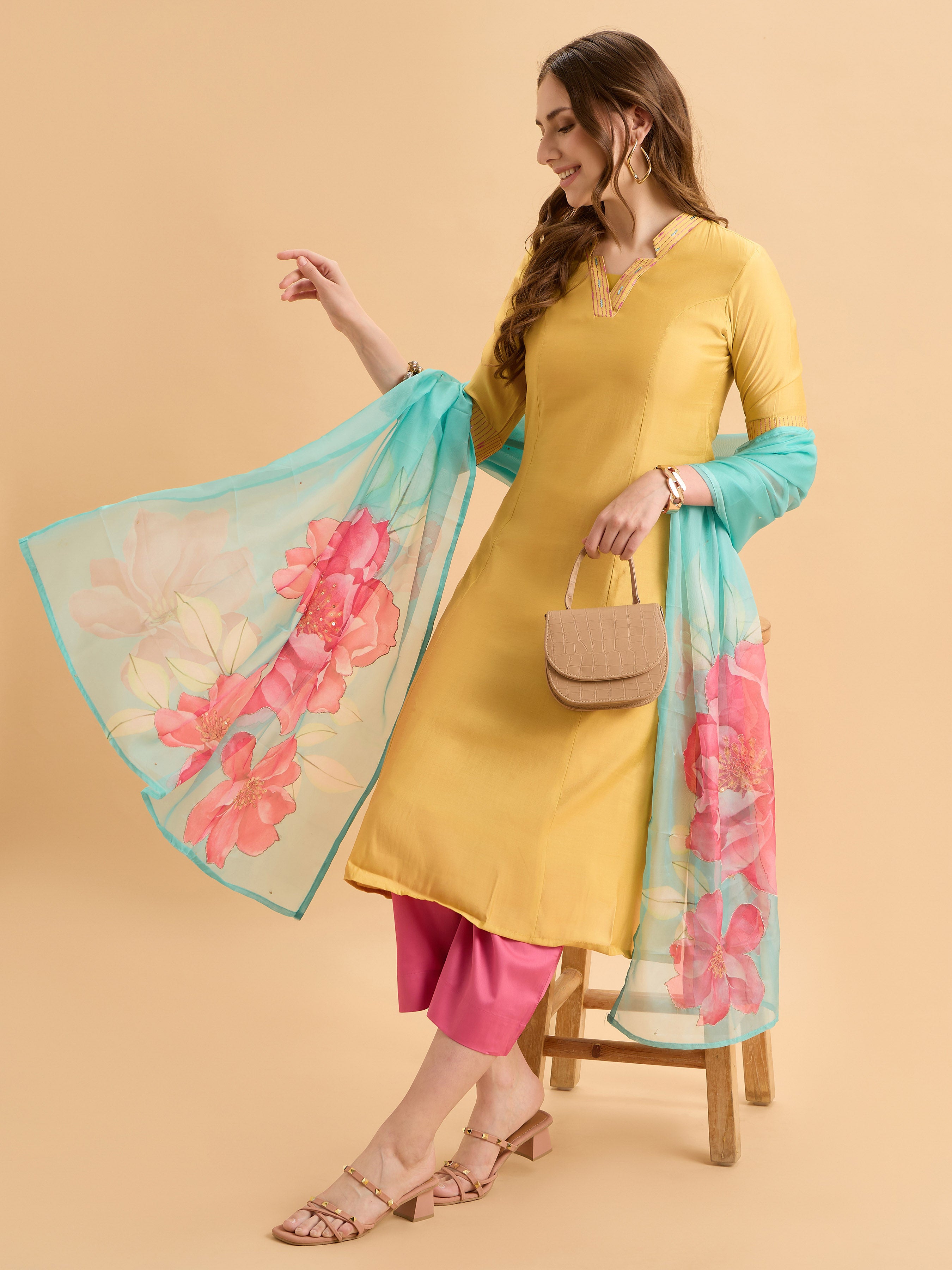 Yellow Viscose Blend Kurti Set With Sequins Work Styled With Printed Dupatta