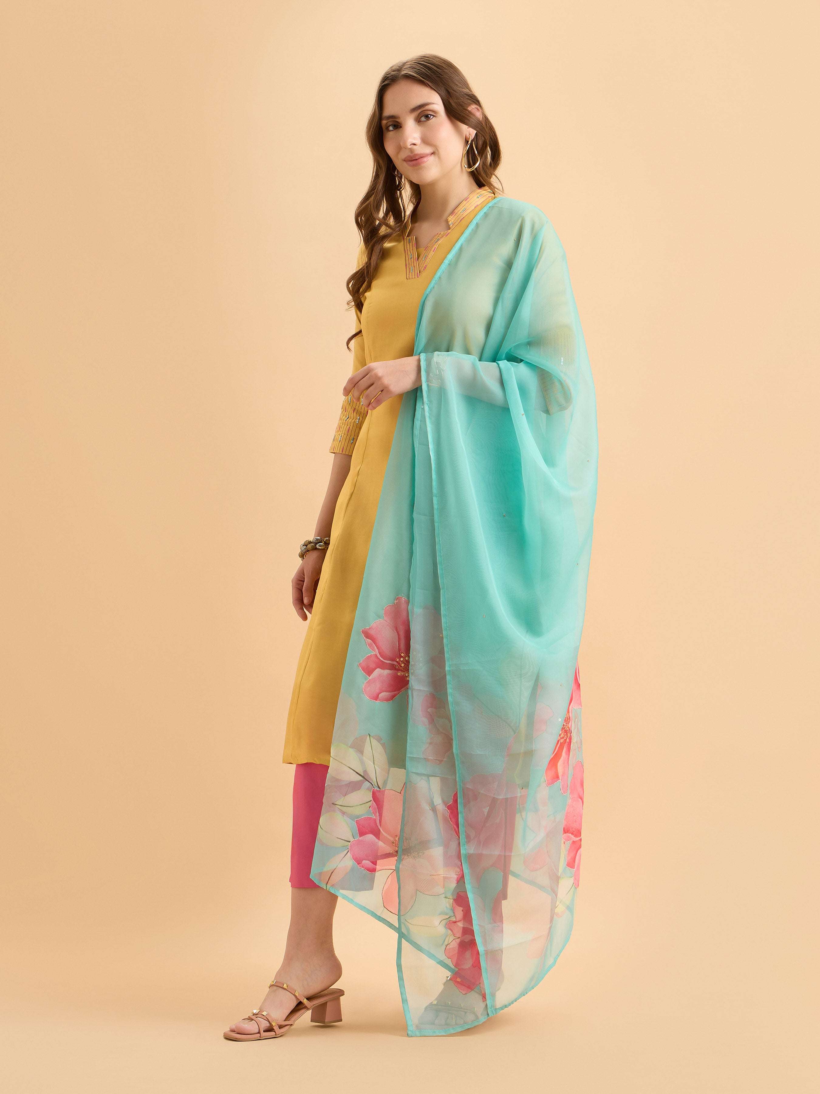 Yellow Viscose Blend Kurti Set With Sequins Work Styled With Printed Dupatta